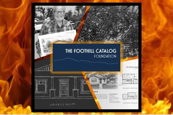 collage of images showing the fires of Altadena and architectural drawings from the catalog