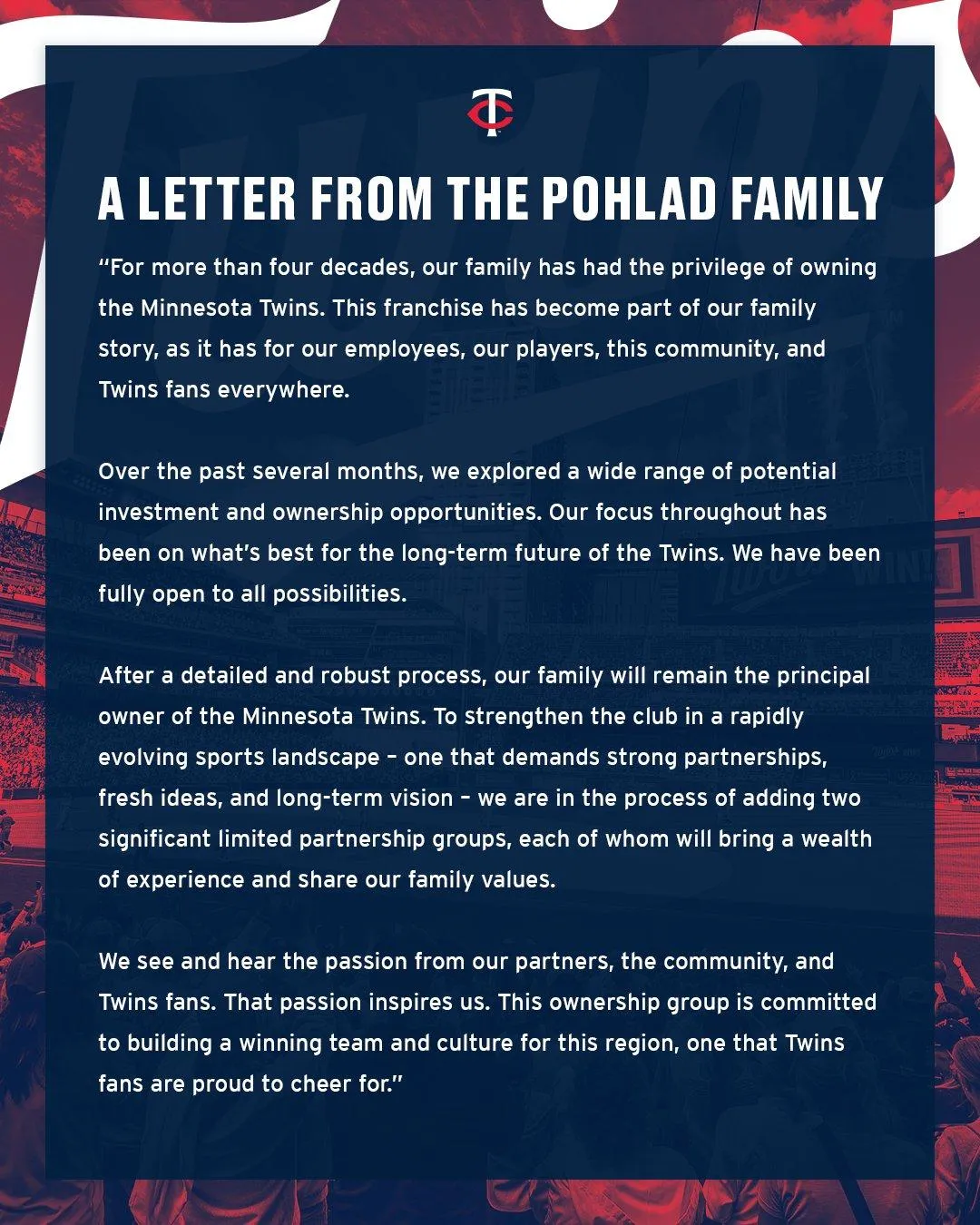 Official letter from Pohlad family announcing Minnesota Twins will not be sold August 13 2025