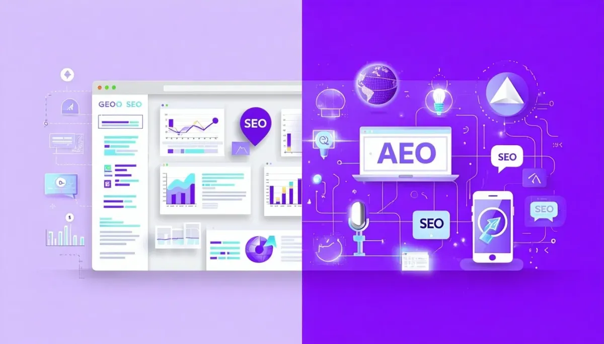 Two distinct dashboards illustrating the differences between SEO and AEO optimization strategies for digital marketing. Visual comparison of two different digital marketing approaches, showing the analytical data for SEO vs AEO methods.