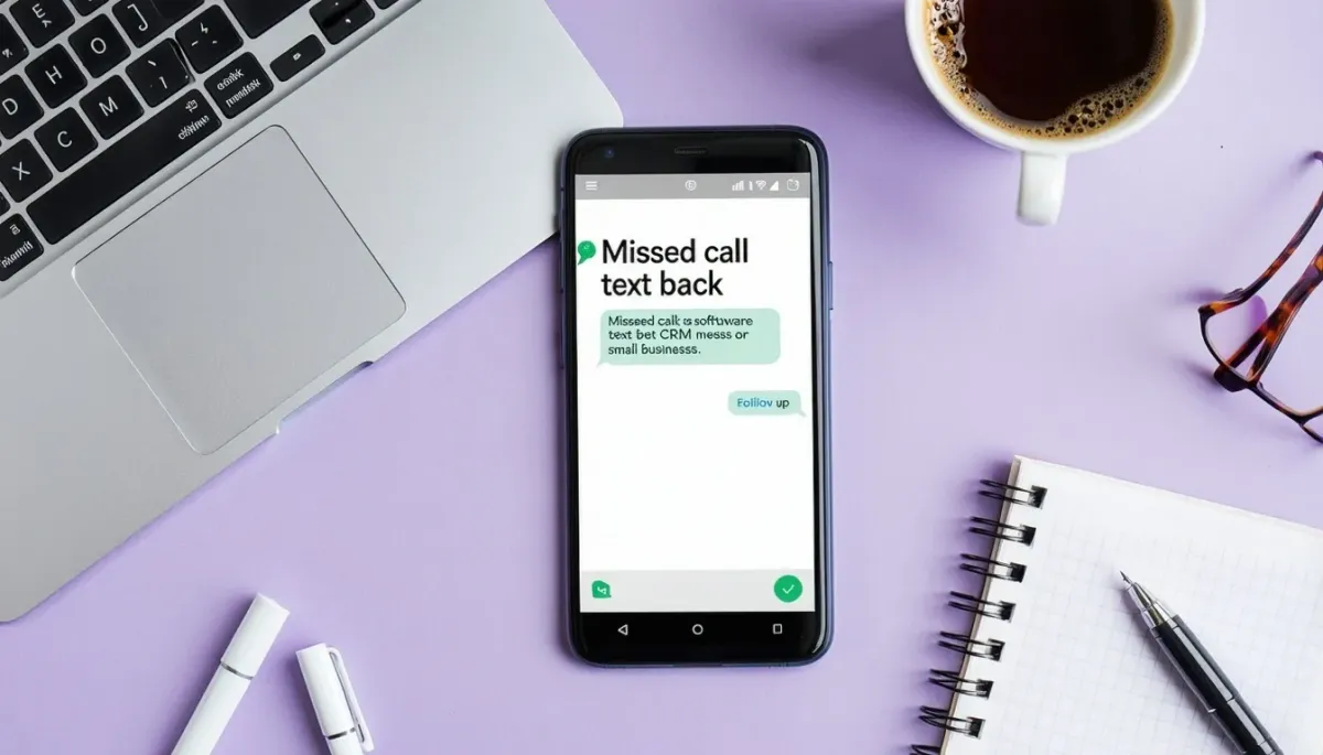 Smartphone displaying a text conversation about missed call text back software on a purple desk with a laptop and coffee. Top-down view of a mobile phone screen showing a "missed call text back" message, highlighting relevant software features.