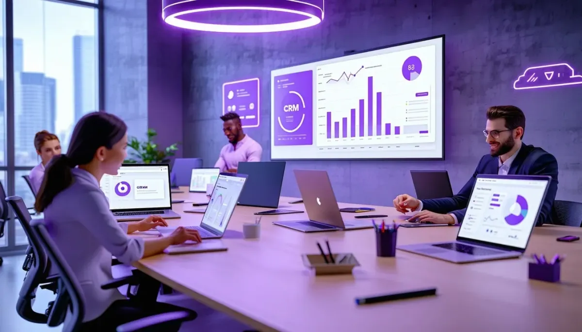 A diverse team in a modern office meeting room, collaborating on laptops and viewing data on a large screen, showing effective CRM for service businesses. Professionals in an office setting analyzing various charts and graphs on computers, demonstrating the capabilities of crm for service businesses.