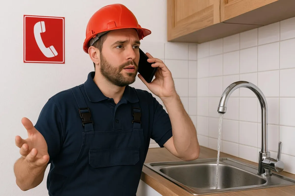 Plumber in work overalls and red hard hat talking on the phone beside a leaking kitchen faucet