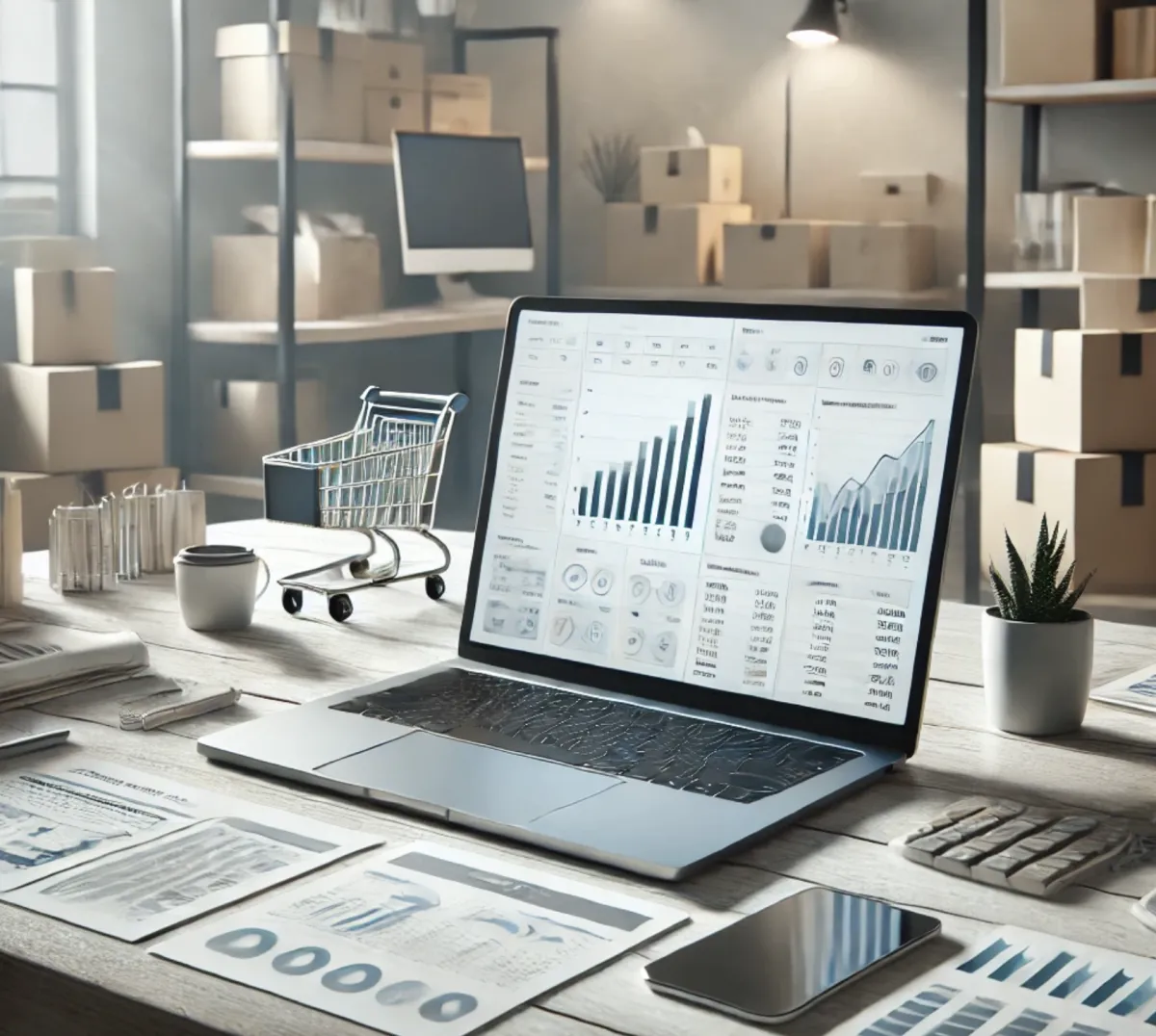 A sleek and modern workspace featuring a laptop with graphs and charts on the screen, symbolizing automated financial data. Surrounding the desk are e-commerce elements like a small shopping cart and product boxes, representing an online business environment.