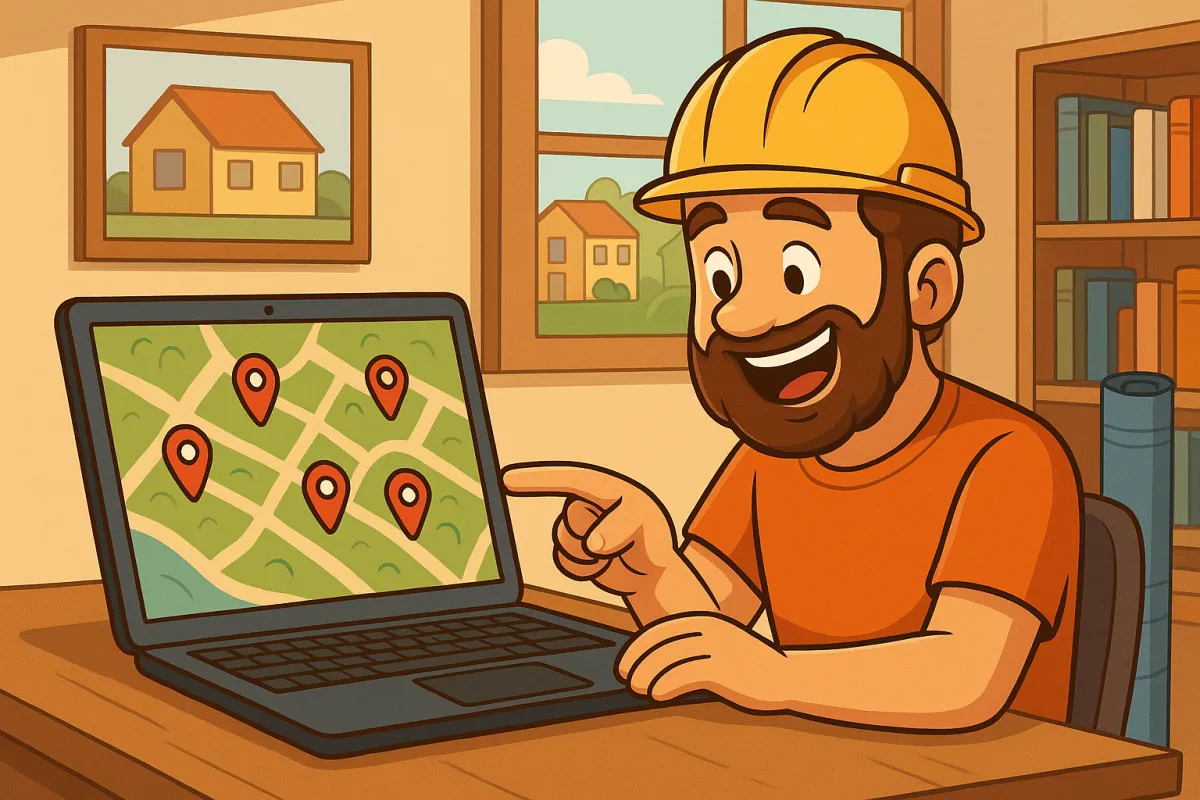 Artisan montrant une carte de ses chantiers sur son ordinateur, symbole de sa présence locale et de son expérience professionnelle