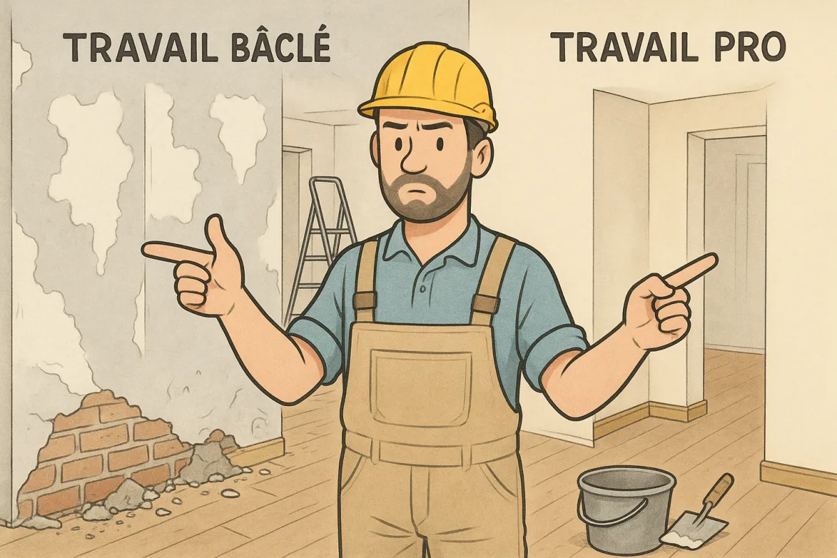 Artisan montrant une erreur de chantier et sa correction dans une rénovation intérieure, illustrant la différence entre un travail bâclé et un travail pro