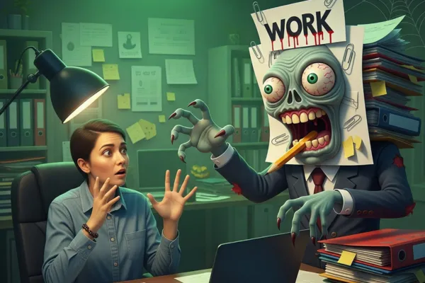 Woman at desk at night being frightened by a zombie with work files for brains