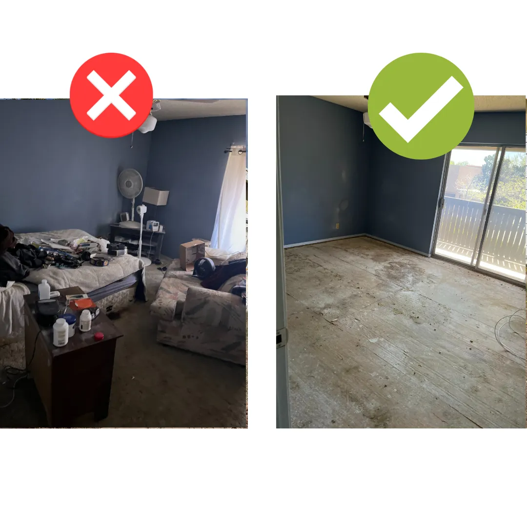 A before and after of a house cleanout 