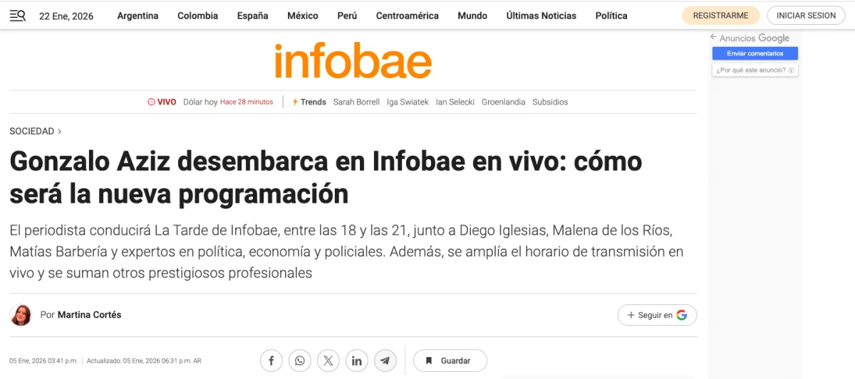 NUEVA ETAPA PROFESIONAL: GONZALO AZIZ DESEMBARCA EN INFOBAE