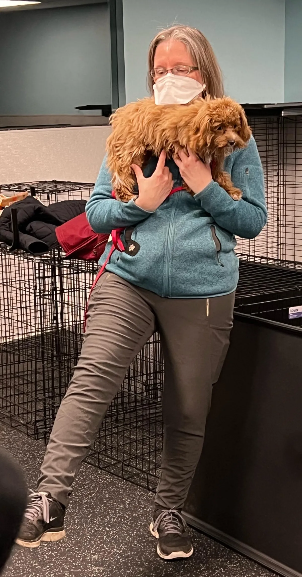 A woman stands on one foot in front of some empty dog crates. She wears a respirator mask, a teal jacket, gray pants, & sneakers. She holds a small, wavy haired, toasty brown colored puppy in front of her chest.