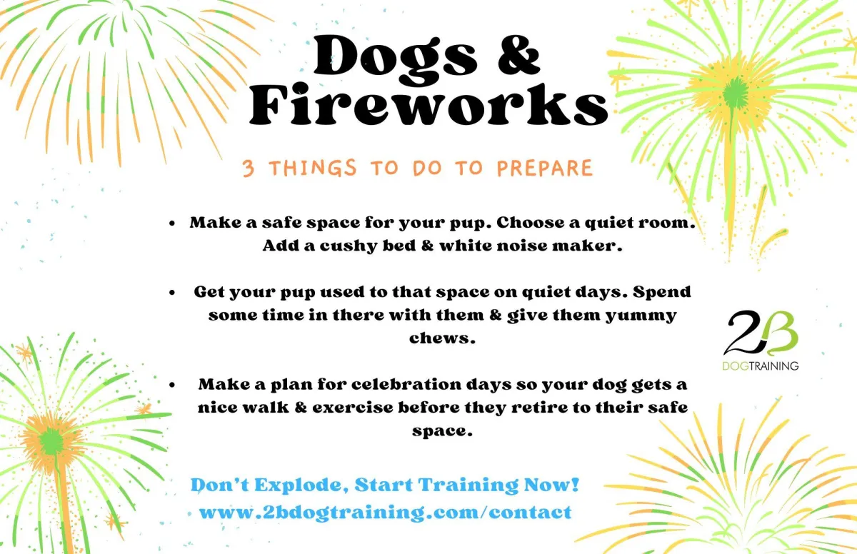 An infographic with 3 tips to prepare for fireworks season for your dog.