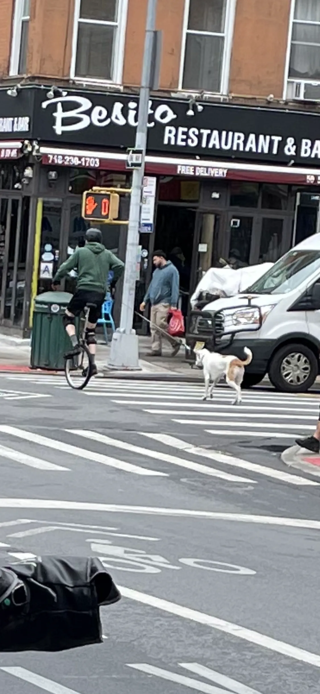 A man on a unicycle is riding through a crosswalk with a dog on a leash being pulled behind him.