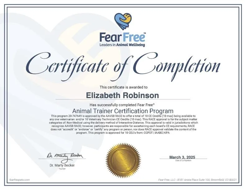 A certificate from Fear Free Pets marking Elizabeth Robinson's completion of their trainer certification course.