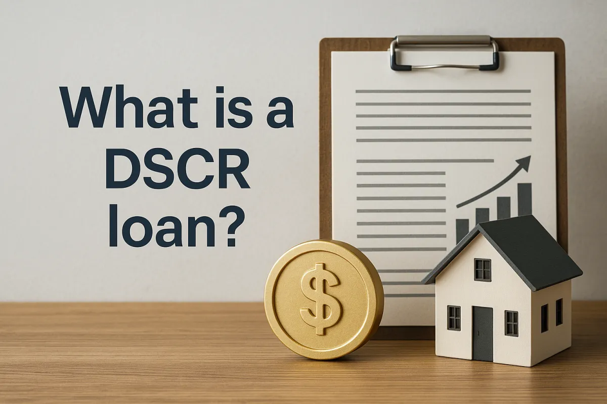 What is a DSCR loan? text beside clipboard with financial chart, gold coin, and model house on wooden surface
