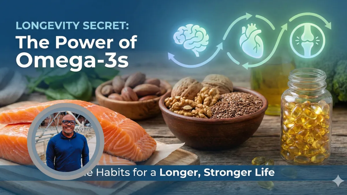 Cover image highlighting the health benefits of omega-3s, featuring salmon, nuts, flaxseed, and fish oil capsules with icons for brain, heart, and joint health, along with a photo of Coach Victor promoting habits for a longer, stronger life.