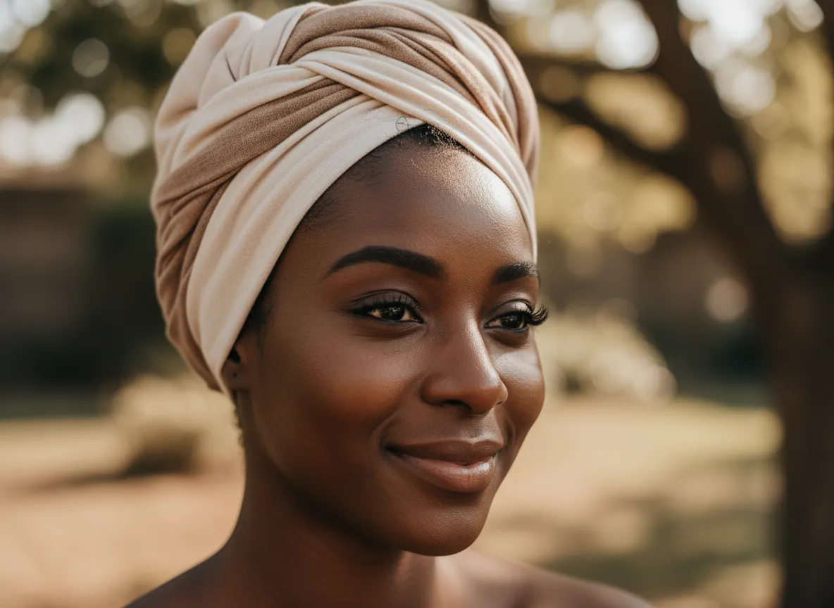 Portrait of woman wearing cream or taupe headwrap, natural daylight, calm expression — showing elegant protective style.