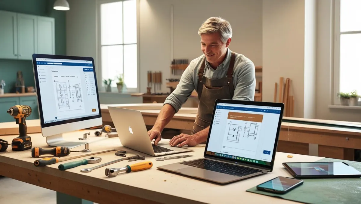 "Handwerker arbeitet an Laptop: Ein Fachmann nutzt digitale Tools, um seine Online-Präsenz zu optimieren und mehr Kunden zu gewinnen.