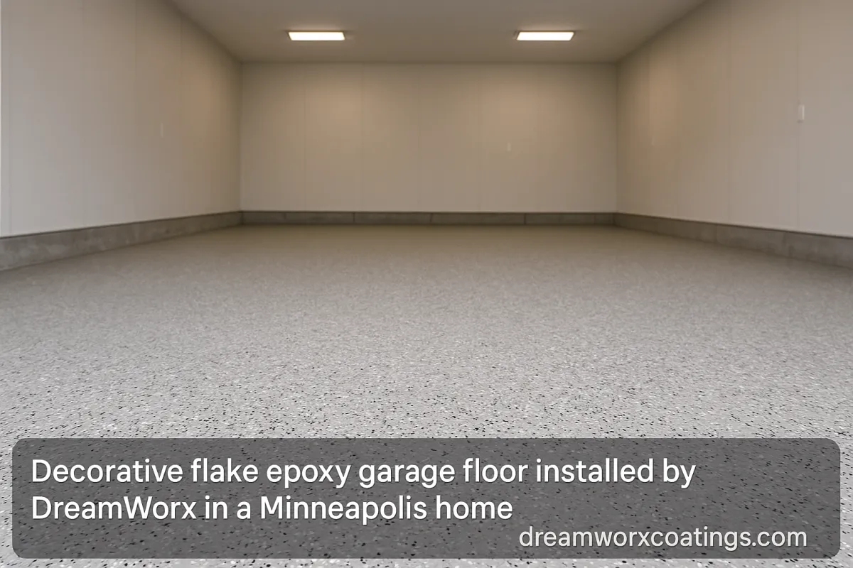 Garage Floor Coatings in Minneapolis: What Every Homeowner Should KnowDecorative flake epoxy garage floor installed by DreamWorx in a Minneapolis home