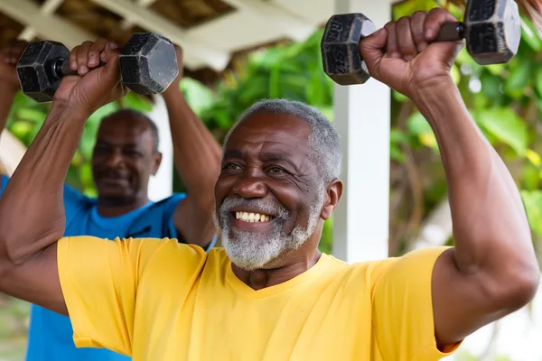 Healthy older man doing resistance training to support mitochondrial energy production and protect his brain as he ages.