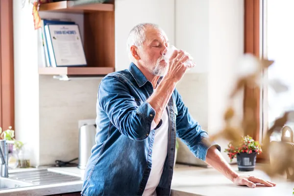 Older man taking a mindful moment to hydrate, illustrating how gentle, caring actions help build sustainable brain-healthy habits
