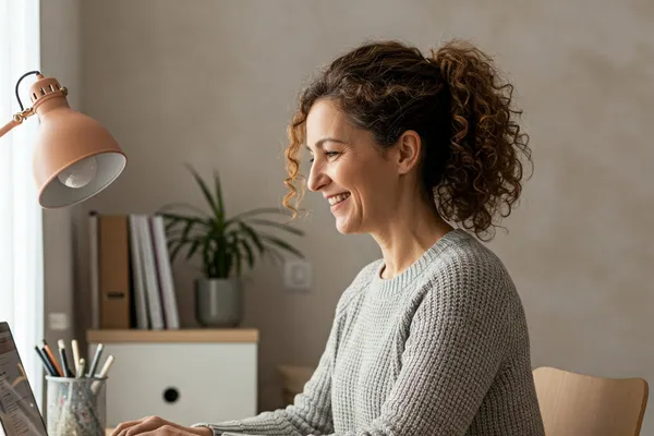 Midlife woman working at a desk with a calm smile, representing steady energy, focus, and balanced blood sugar for brain health.