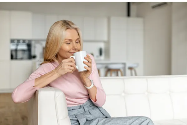 A midlife woman sitting quietly with a cup of tea, taking a mindful pause to allow the brain to rest and reset