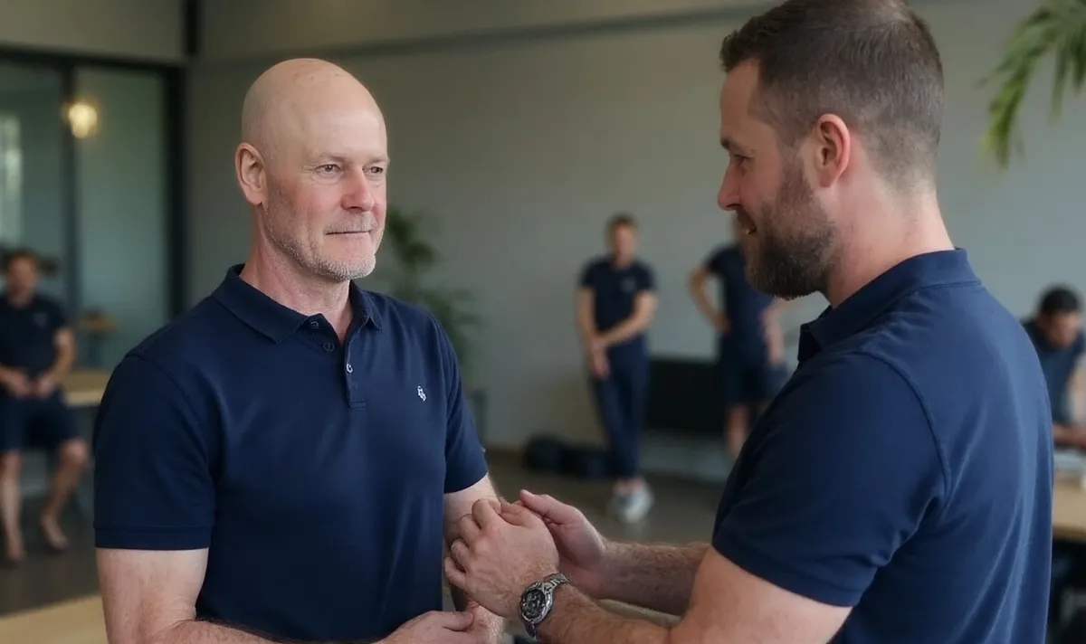 Peter Hartley, principal physiotherapist, consulting with a rugby player about treatment options at Physio Barnsley.