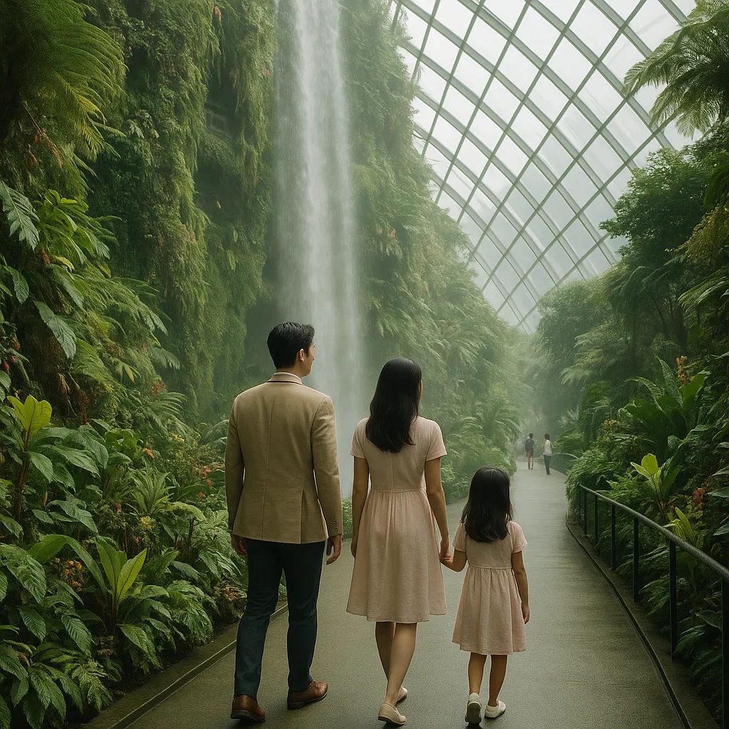 A serene couple walks through Singapore's Cloud Forest on a quiet weekday, with the waterfall misting gently in the background.