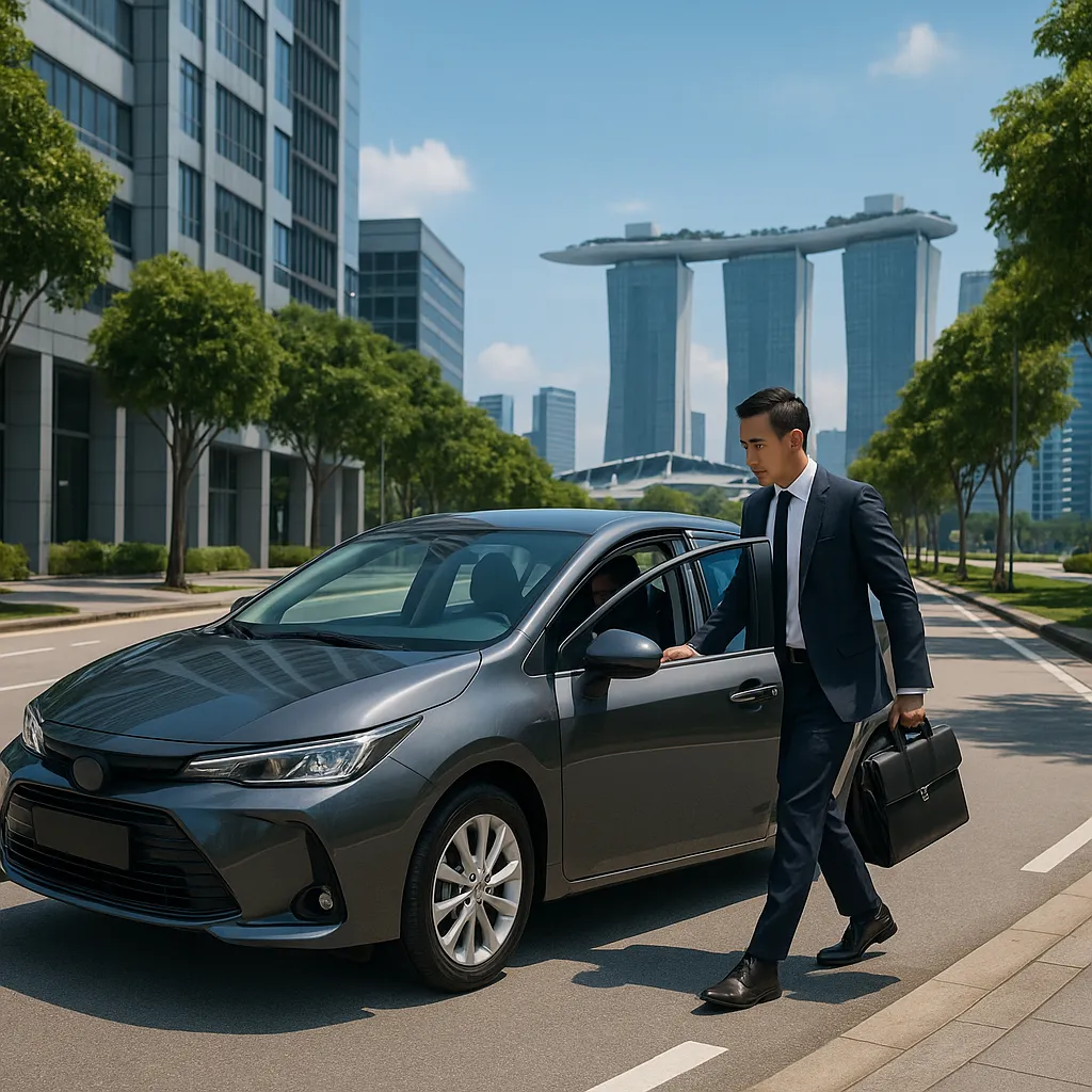 Professional renting a car in Singapore with city skyline in background, representing affordable long-term car rental alternative to car ownership.