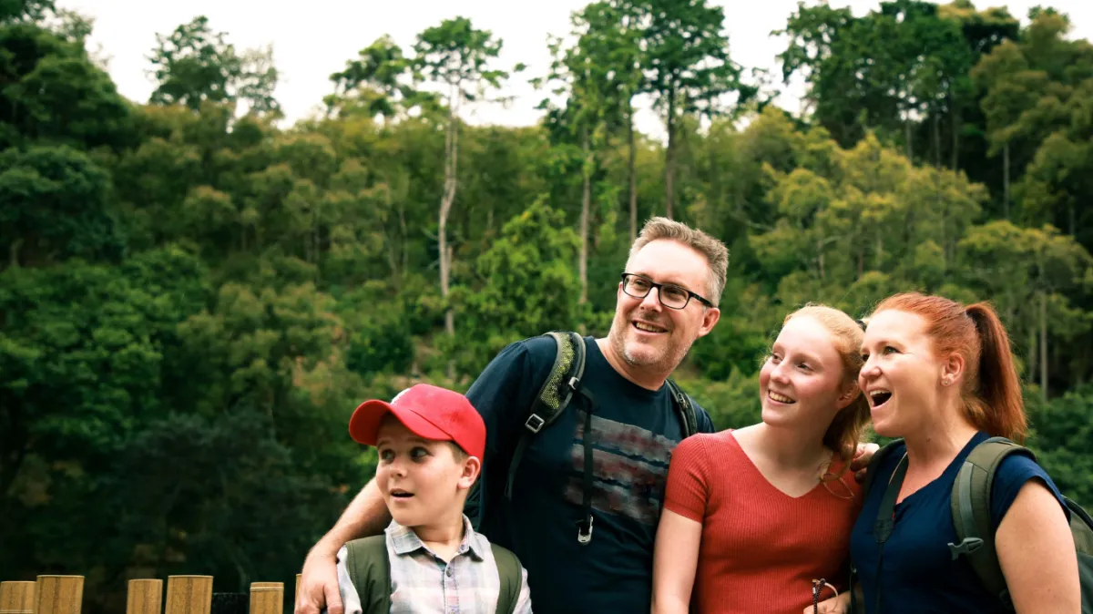 Family enjoying an outdoor adventure in Victoria, surrounded by lush greenery, representing one of the many family-friendly activities and scenic spots across the state.