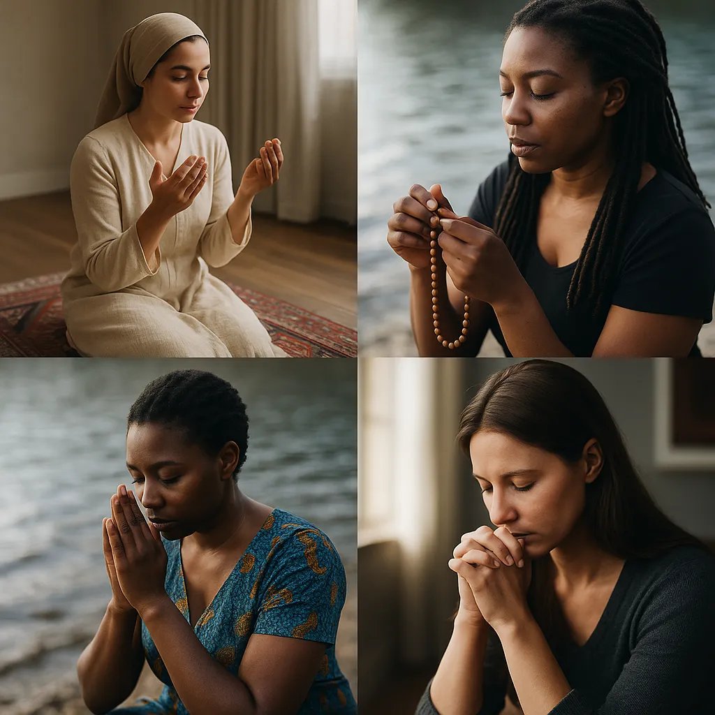 A collage of four women in prayer or meditation: one kneeling on a prayer rug, one holding prayer beads by water, one praying by the shore, and one with hands clasped indoors. Each woman represents a different spiritual tradition.