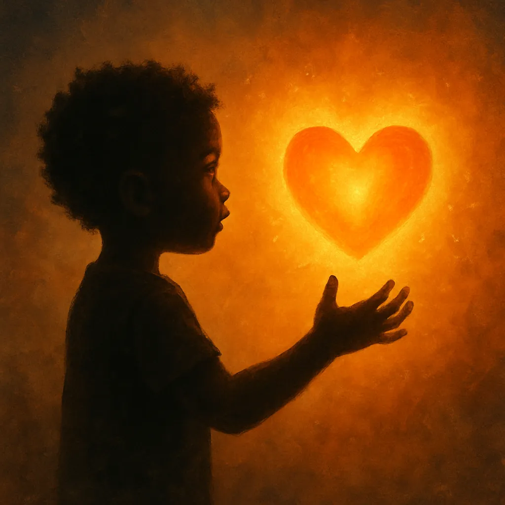 Silhouette of a child reaching out to a glowing heart, symbolizing healing and the connection to the inner child.