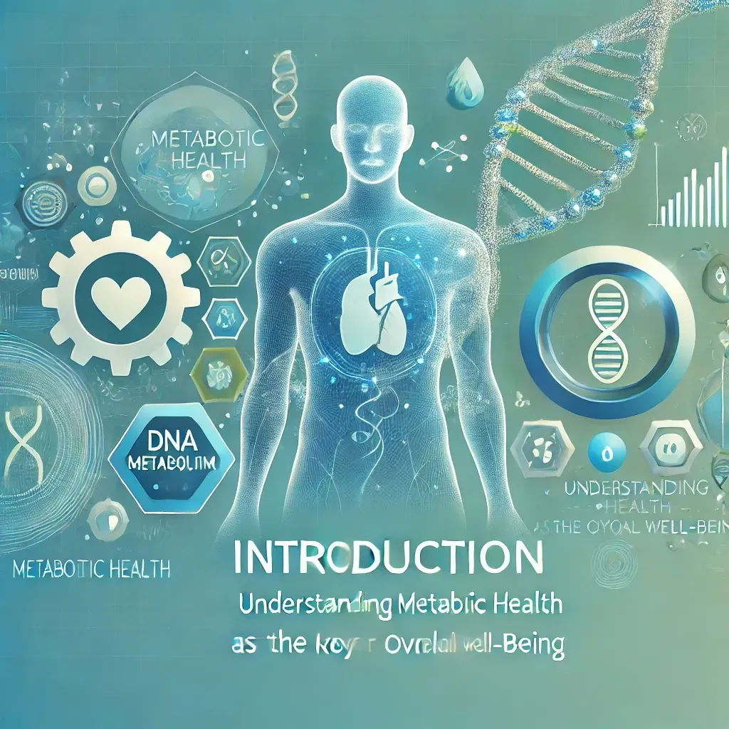 Understanding Metabolic Health as the Key to Overall Well-Being,' featuring a stylized human body outline, DNA strands, and metabolism symbols, in calming blue and green tones, representing health and well-being."