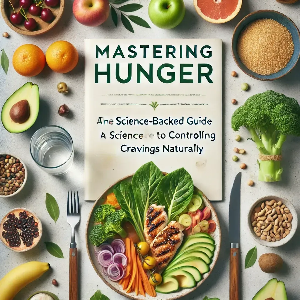 Cover image for the article 'Mastering Hunger: A Science-Backed Guide to Controlling Cravings Naturally,' featuring a healthy meal with colorful vegetables, leafy greens, and grilled protein, symbolizing balanced nutrition and natural hunger control. The title is displayed in modern typography, with a calming color palette to convey health and balance.