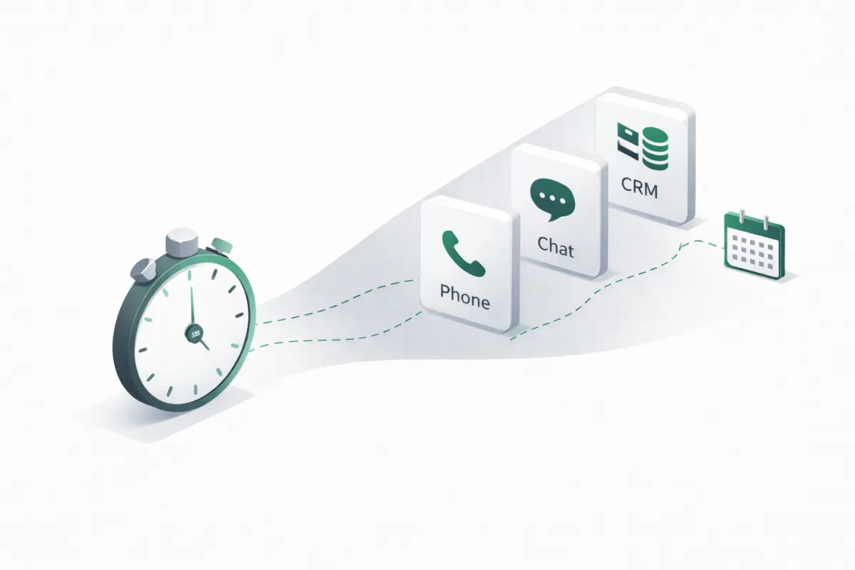 Illustration of a stopwatch and lead flow into phone, chat, and CRM, representing automated speed-to-lead response.