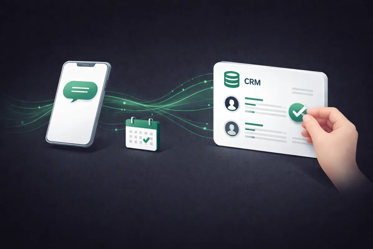Illustration of a friendly follow-up workflow with message bubbles and a simple timeline, showing human-sounding automated outreach.