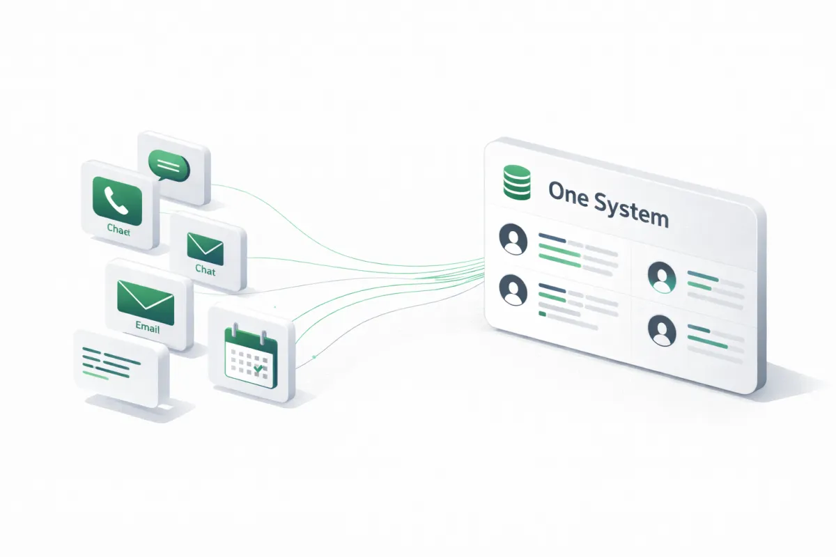 Isometric illustration of connected CRM, phone, calendar, and messaging tools flowing into one automated system dashboard.