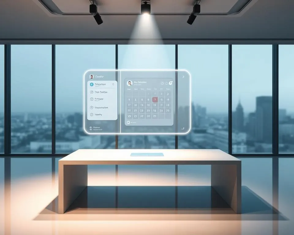 A modern, minimalist office with a sleek white desk under a spotlight. A futuristic holographic interface floats above the desk, displaying a calendar and appointment booking system. The interface includes a calendar view with dates and a sidebar menu listing various appointment types. Floor-to-ceiling windows in the background reveal a city skyline with tall buildings under a cloudy sky.