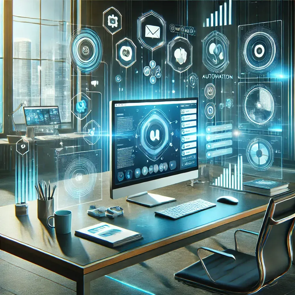 high-tech workspace, automation software, and digital elements to emphasize efficiency and innovation.