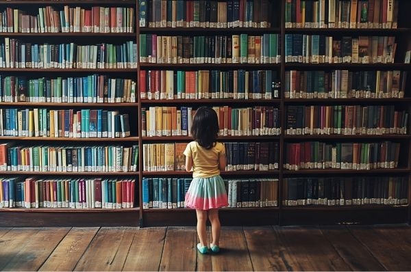 girl standing in front of bookshelves and looking at the generations of books