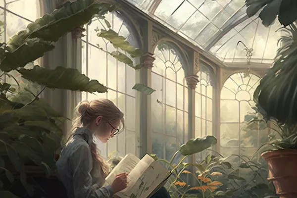 Person Reading inside a large conservatory with lush greenery around and natural light