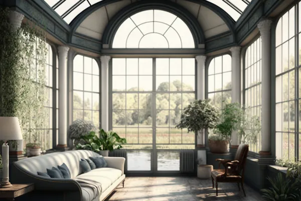 a Conservatory with a large window and couch