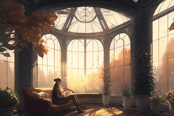 Person sitting inside a large conservatory greenhouse with plants and a couch while observing the fall landscape outside