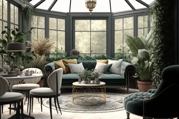 Comfortable luxurious living space surrounded by plants inside of a naturally lit conservatory