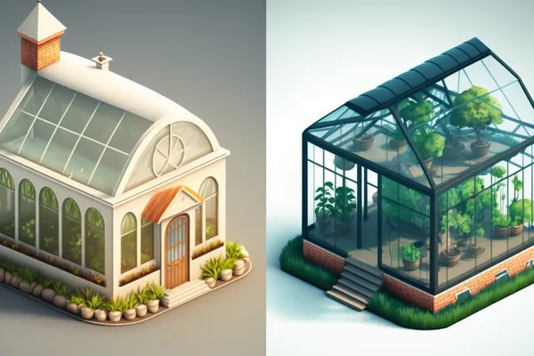An image of a greenhouse and a conservatory placed next to each other.