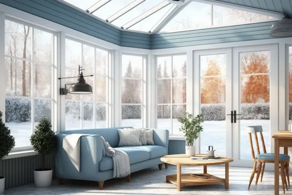 Beautiful view of large yard covered in snow from inside of a cozy conservatory with couch and natural light