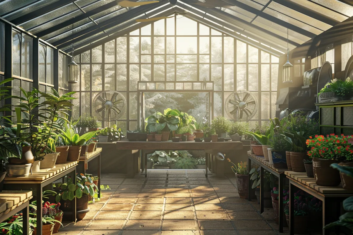 Solar-powered fans cooling a lush greenhouse, with visible solar panels and thriving plants showcasing an eco-friendly cooling system.
