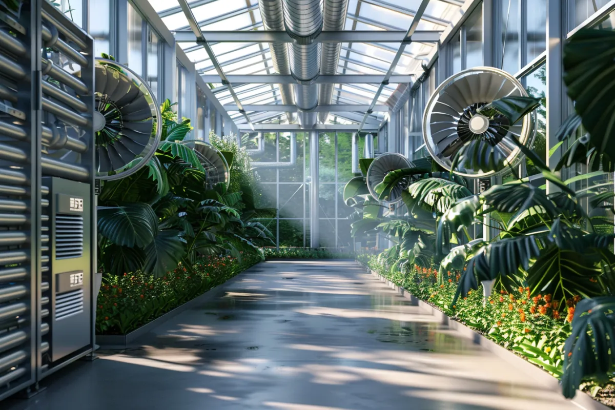 Interior of a greenhouse showcasing large exhaust fans and a digital thermostat, with thriving plants and visible air currents, demonstrating optimal climate control.