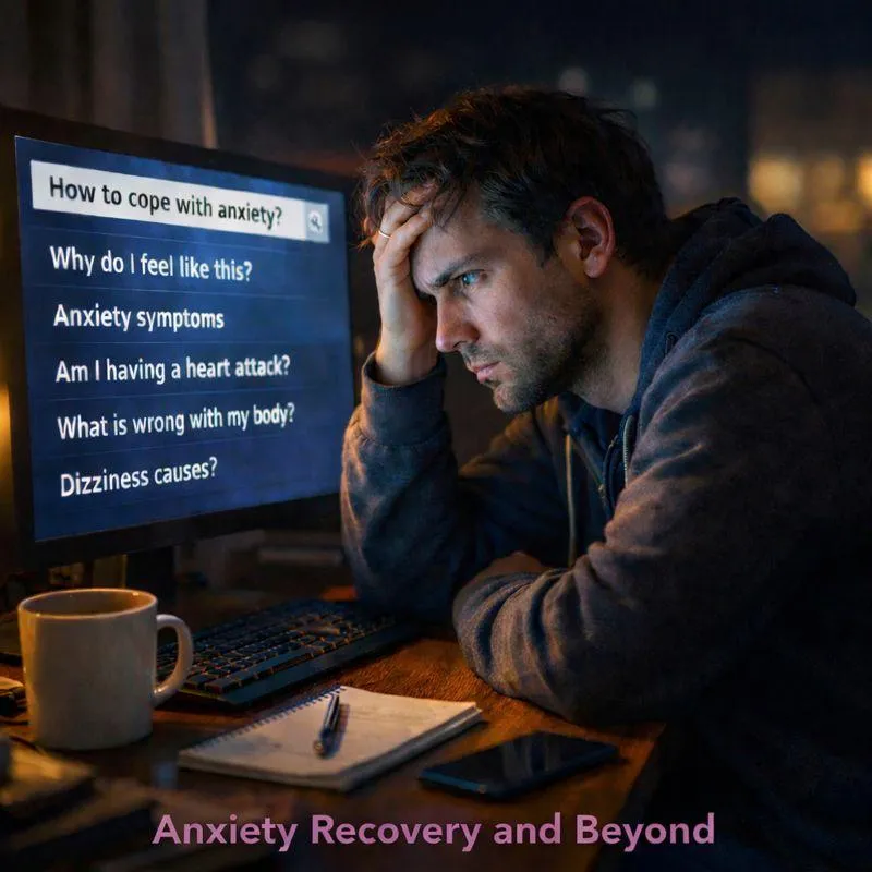 Anxious man sitting at a computer late at night searching for answers about anxiety and panic attack symptoms