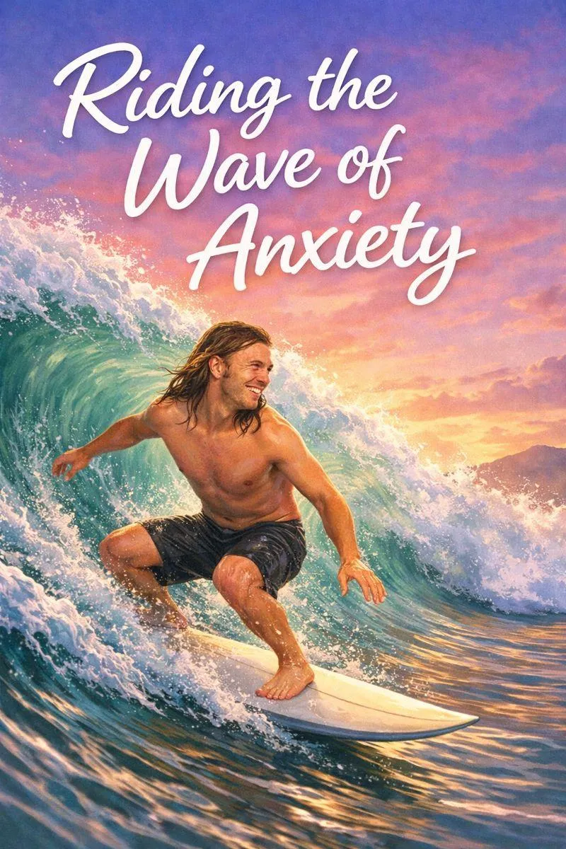 Man surfing a large ocean wave symbolising riding the wave of anxiety and learning to stay calm during anxiety recovery