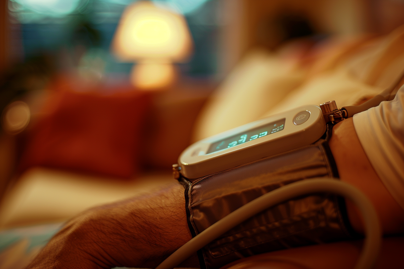 Person measuring blood pressure at home with an electronic monitor, illustrating hypertension awareness.